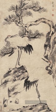 Kiefern und Kräne alte China Tinte Ölgemälde